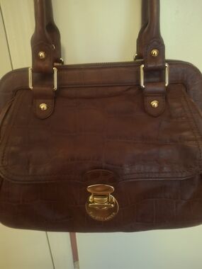 Elliott Lucca Brown Crocodile Embossed Leather Satchel with Gold Hardware
